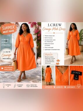J.Crew Bright Orange Midi Graduation Dress Wedding Guest Boho Medium Runs Large